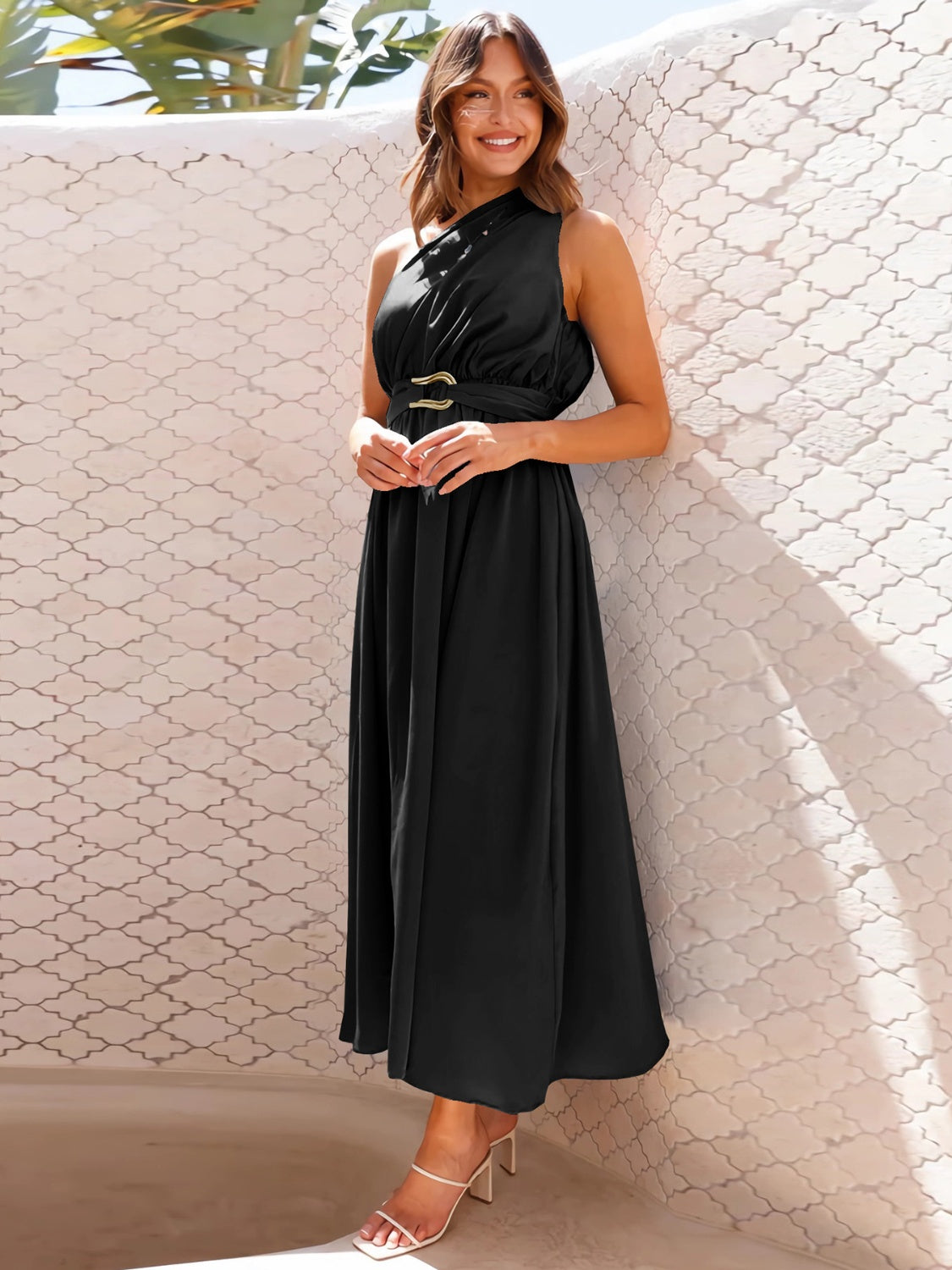 Single Shoulder Midi Dress Black