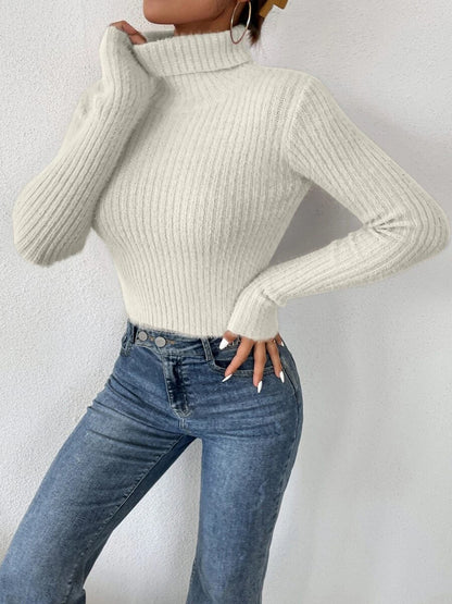 Ribbed Turtleneck Long Sleeve Sweater White