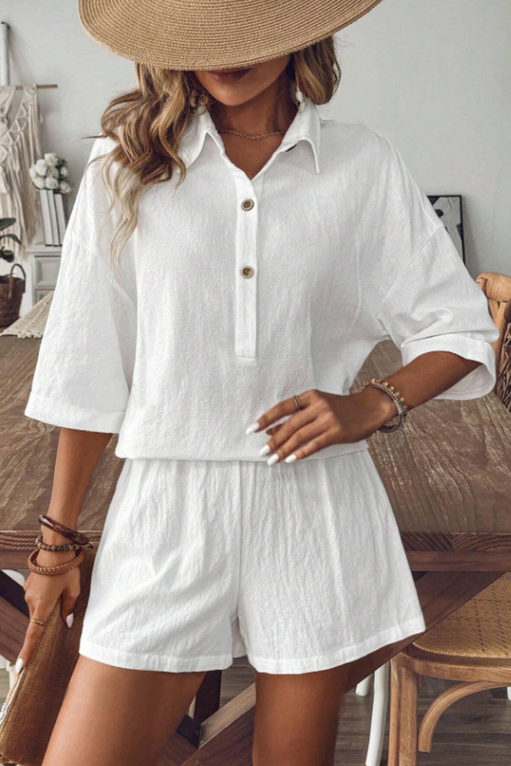 Collared Neck Half Sleeve Top and Shorts Set White