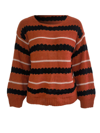 Striped Round Neck Long Sleeve Sweater Brick Red