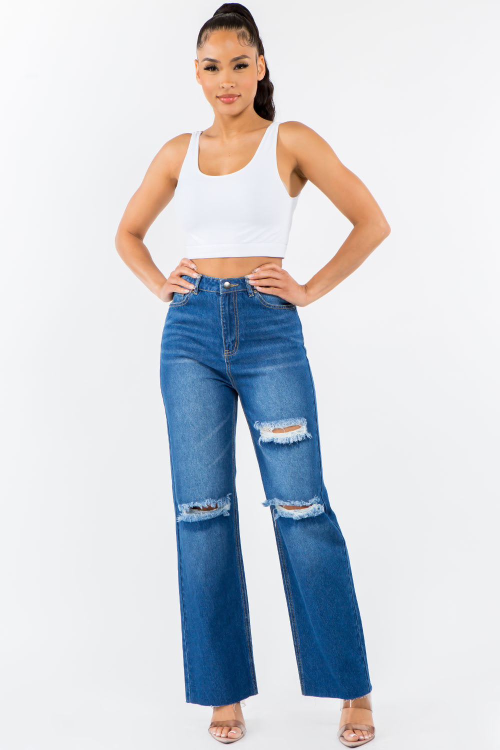 American Bazi High Waist Distressed Wide Leg Jeans Blue