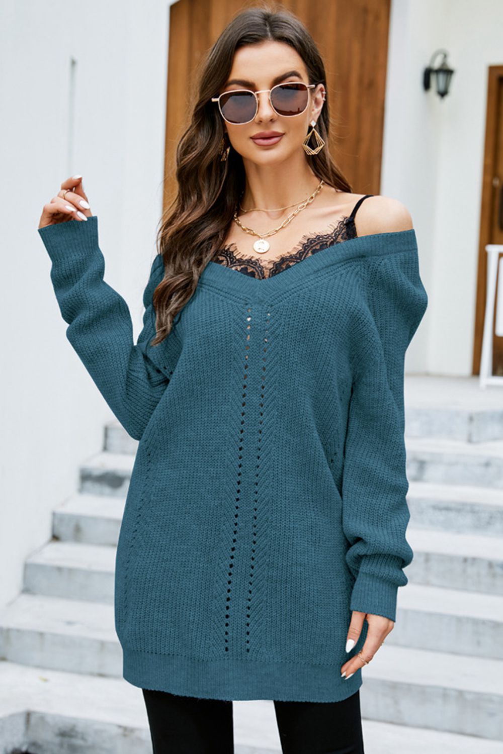 Openwork V-Neck Long Sleeve Sweater Deep Teal