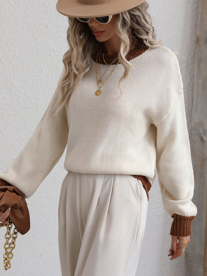 Contrast Trim Drop Shoulder Pullover Sweater