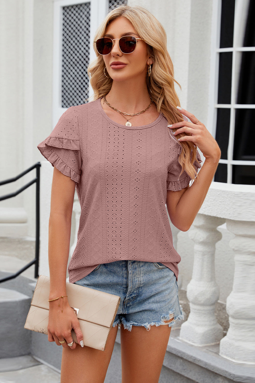 Eyelet Round Neck Petal Sleeve T-Shirt