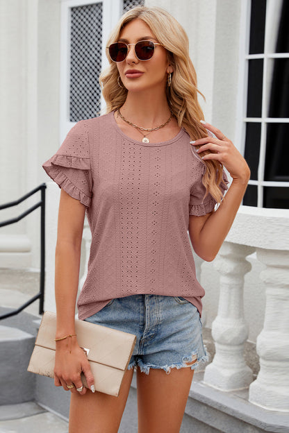 Eyelet Round Neck Petal Sleeve T-Shirt