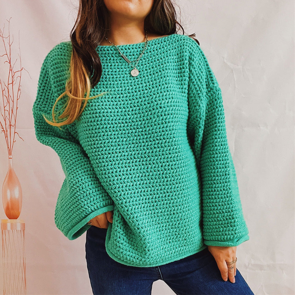 Openwork Boat Neck Long Sleeve Sweater Mid Green