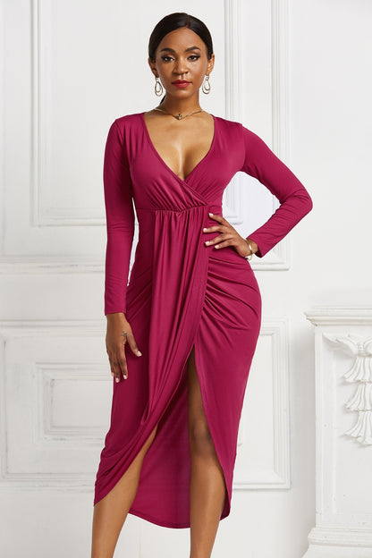 High-low Ruched Surplice Long Sleeve Dress Deep Rose