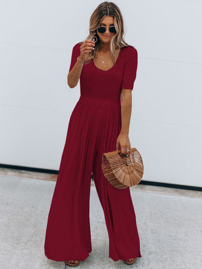 Scoop Neck Short Sleeve Jumpsuit Burgundy