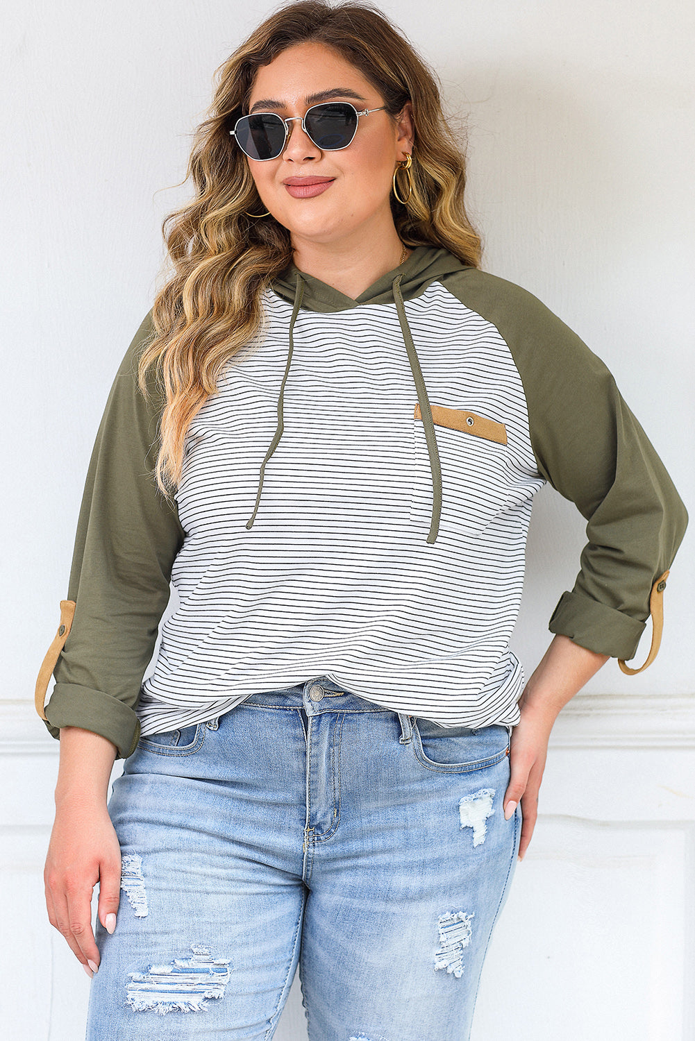 Green Striped Raglan Sleeve Buttoned Pocket Plus Size Hoodie Green 85%Polyester+10%Cotton+5%Elastane