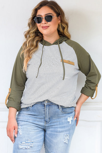 Green Striped Raglan Sleeve Buttoned Pocket Plus Size Hoodie Green 85%Polyester+10%Cotton+5%Elastane