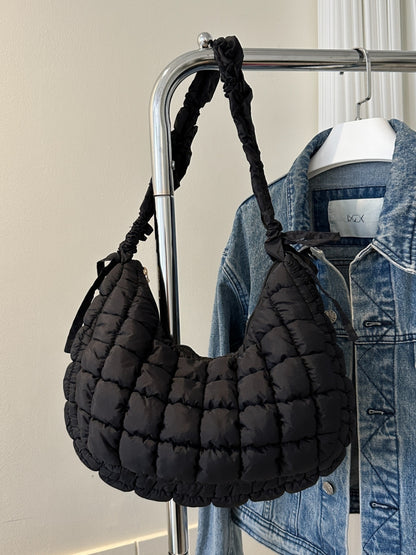 Bubble Texture Ruched Strap Quilted Shoulder Bag Black One Size