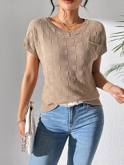 Round Neck Short Sleeve Knit Top Camel