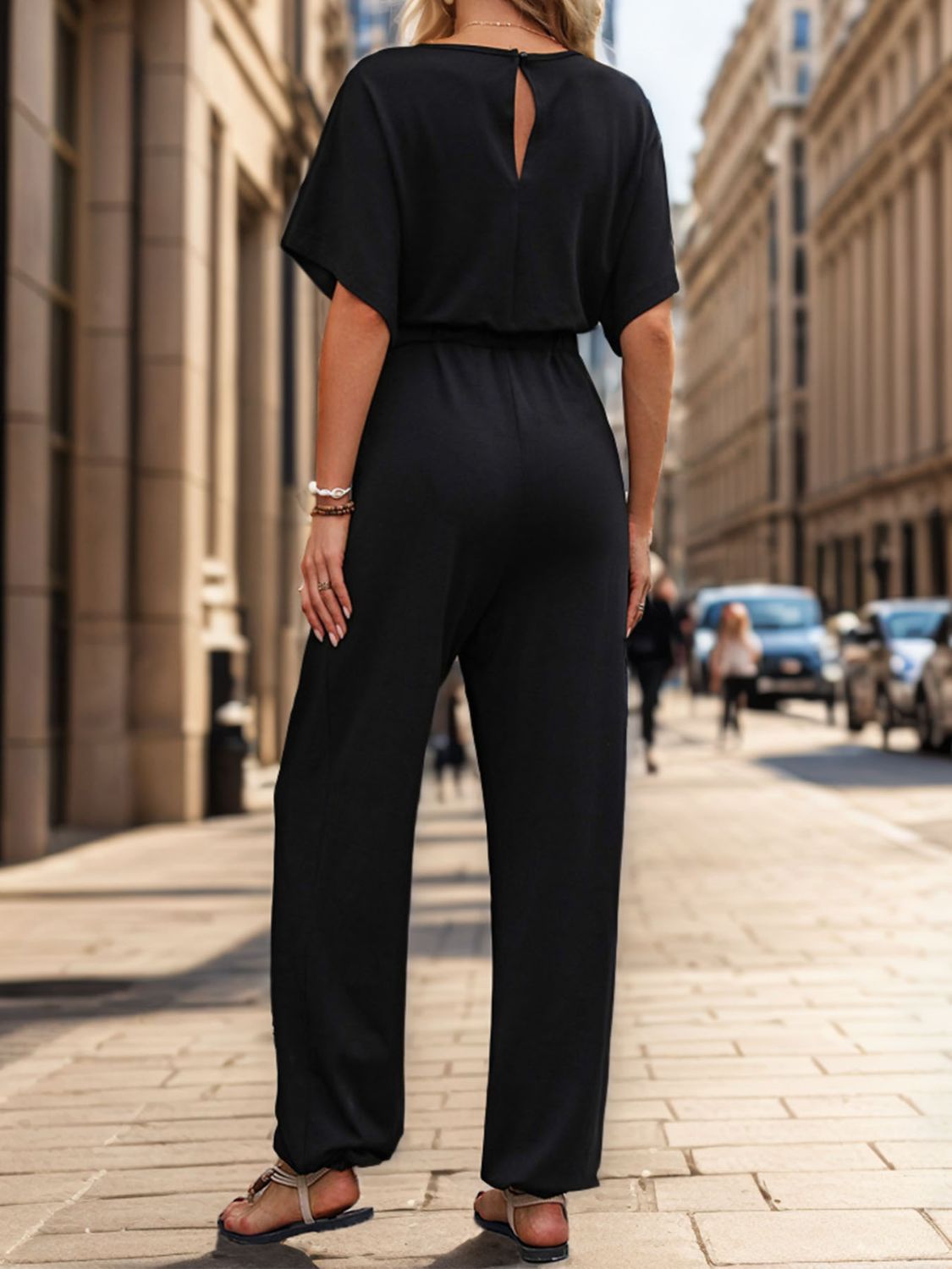 Notched Half Sleeve Straight Jumpsuit - Thandynie