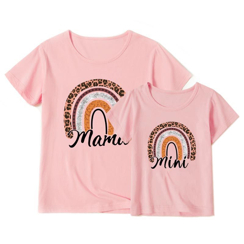 Mother-daughter Matching Outfit Mom And Daughter European And American Summer Casual Trend New Rainbow Letter Print Short-sleeve Pink