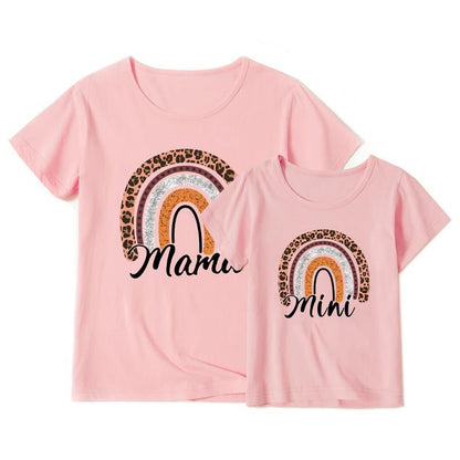 Mother-daughter Matching Outfit Mom And Daughter European And American Summer Casual Trend New Rainbow Letter Print Short-sleeve Pink