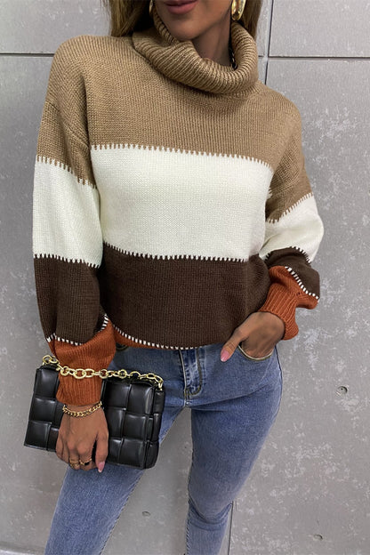 Color Block Lantern Sleeve Turtleneck Sweater Khaki