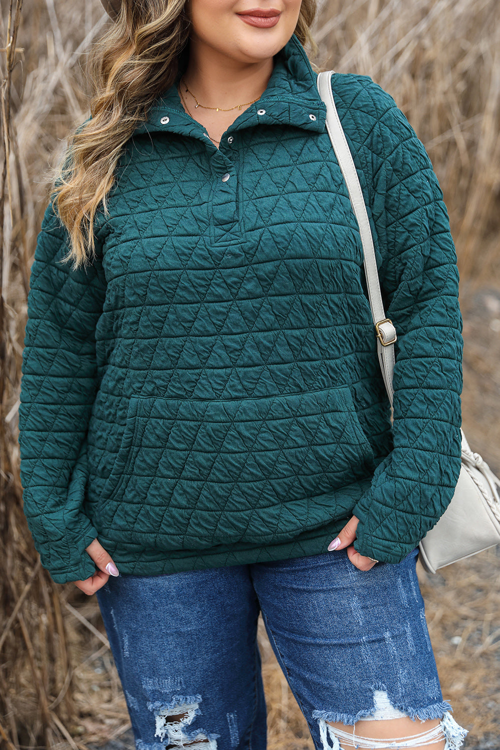 Blackish Green Plus Size Quilted Sweatshirt with Buttoned Neckline & Kangaroo Pocket