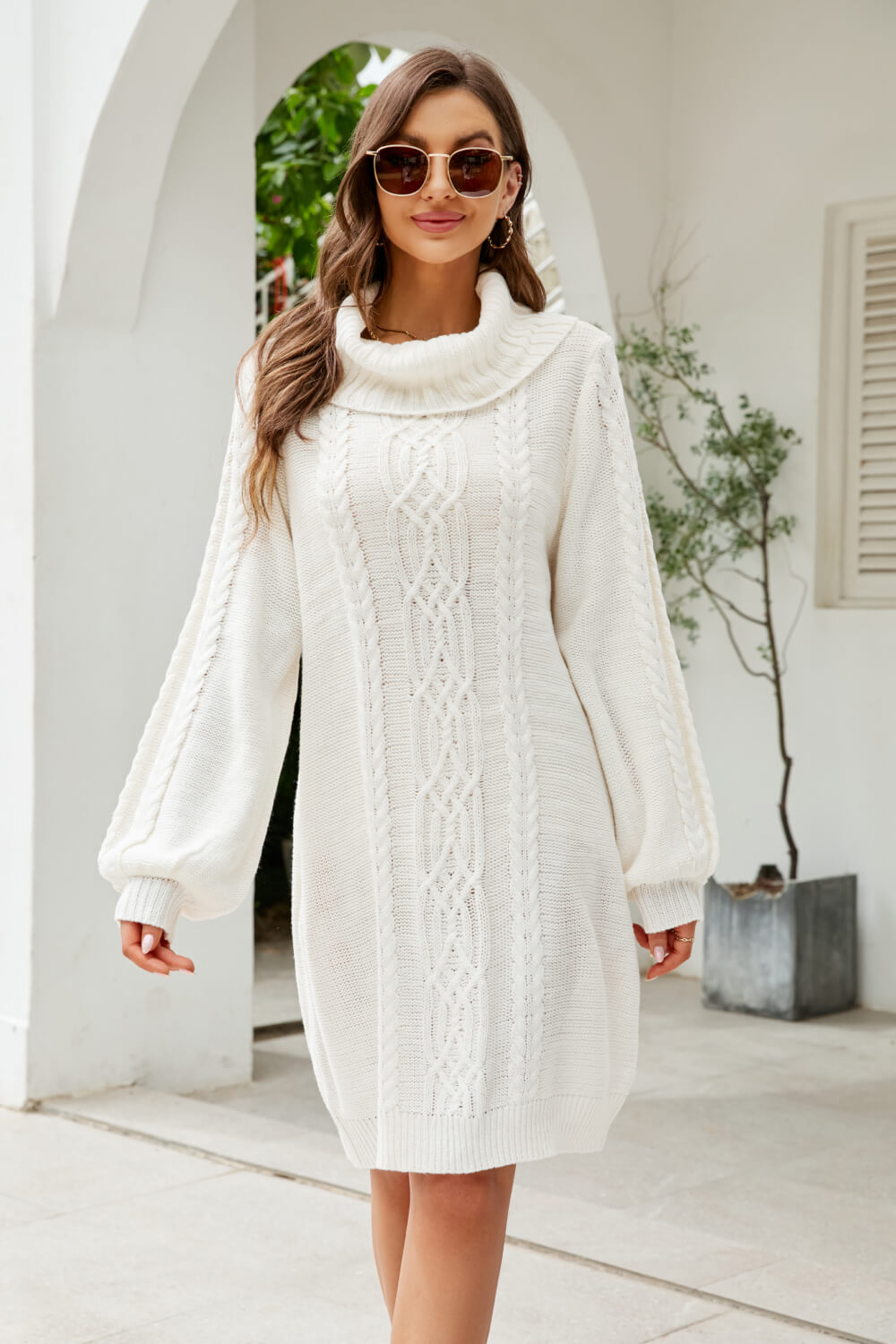 Woven Right Mixed Knit Turtleneck Lantern Sleeve Sweater Dress White