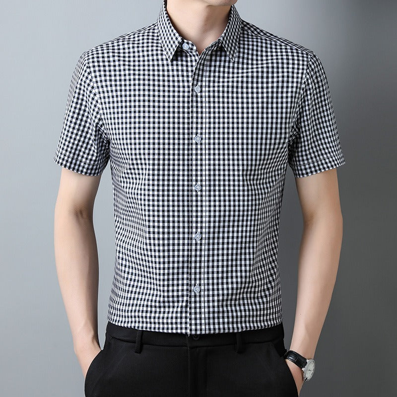 Men's Casual Short-Sleeved Lapel Shirt | 100% Cotton Checkered Cardigan