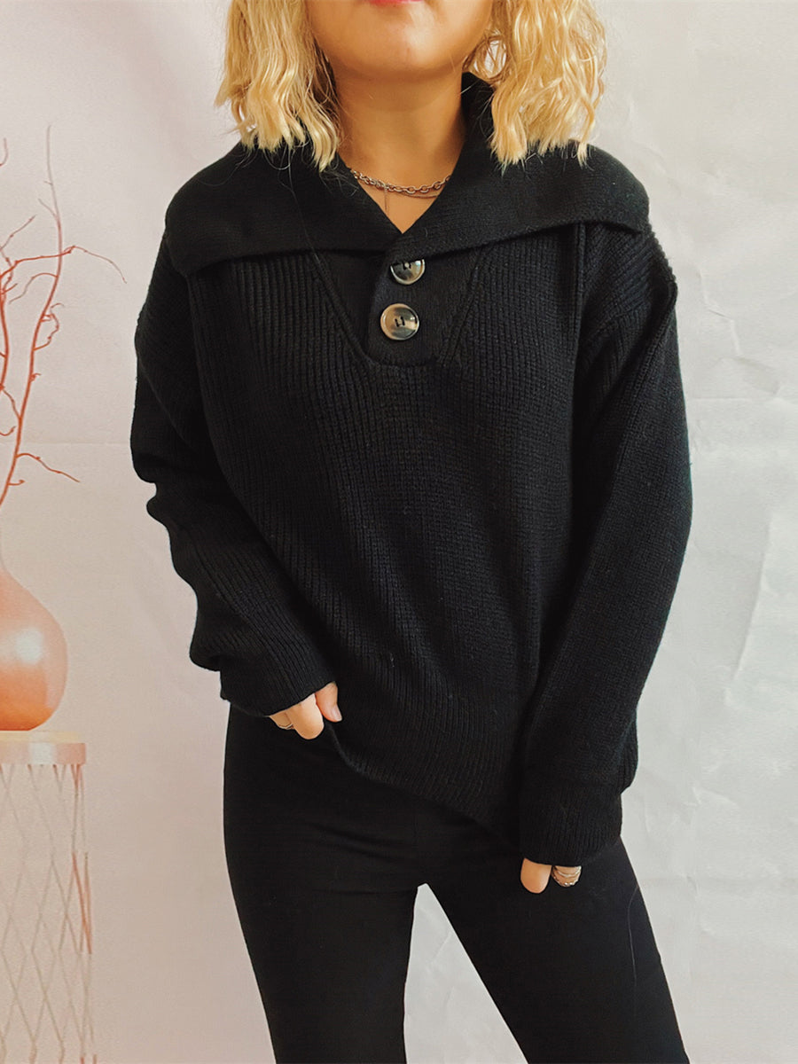 Statement Collar Half Button Sweater Black