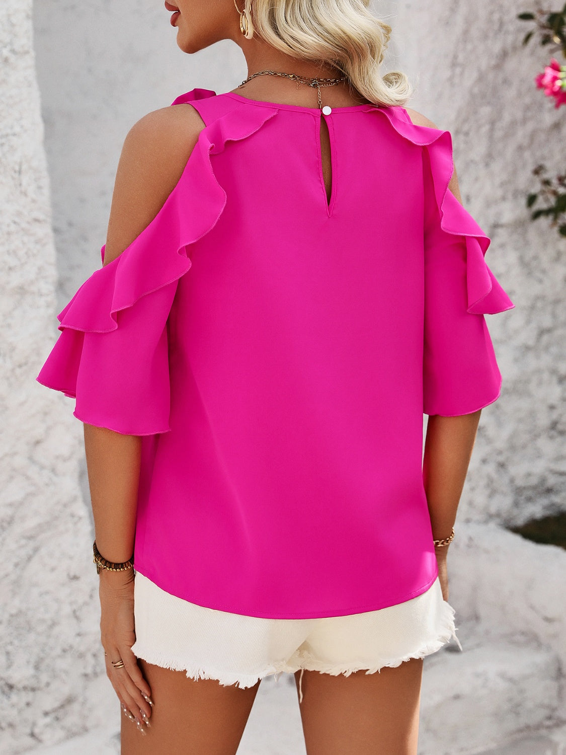 Ruffled Round Neck Half Sleeve Blouse - Thandynie