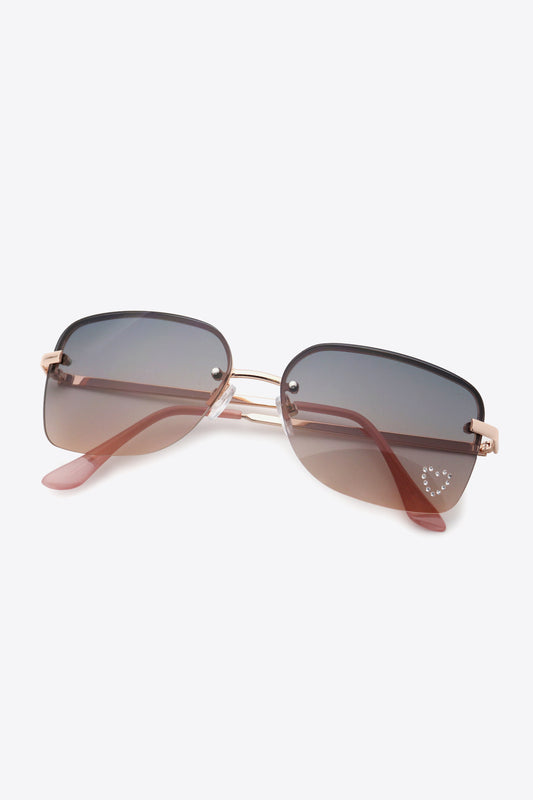 Rhinestone Heart Metal Frame Sunglasses Dusty Pink One Size