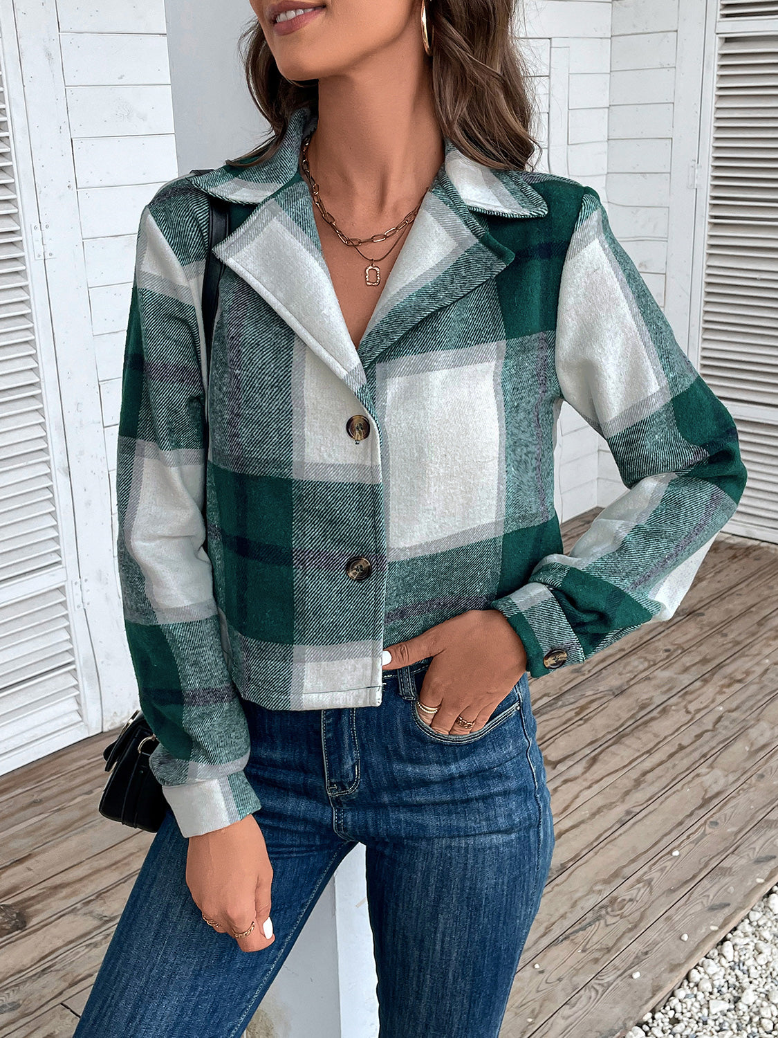 Plaid Collared Neck Button Up Long Sleeve Jacket Green