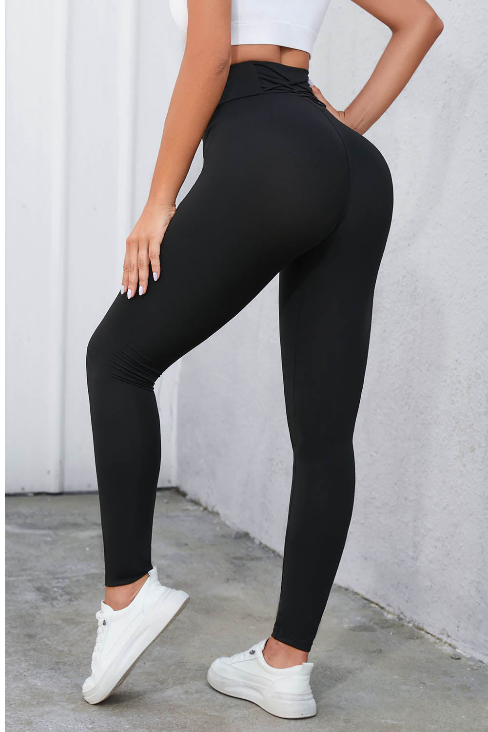 Crisscross Detail Wide Waistband Leggings Black