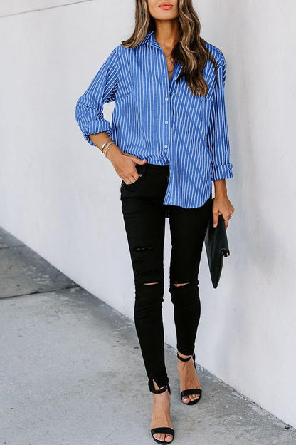 Striped Button Up Long Sleeve Shirt Royal Blue