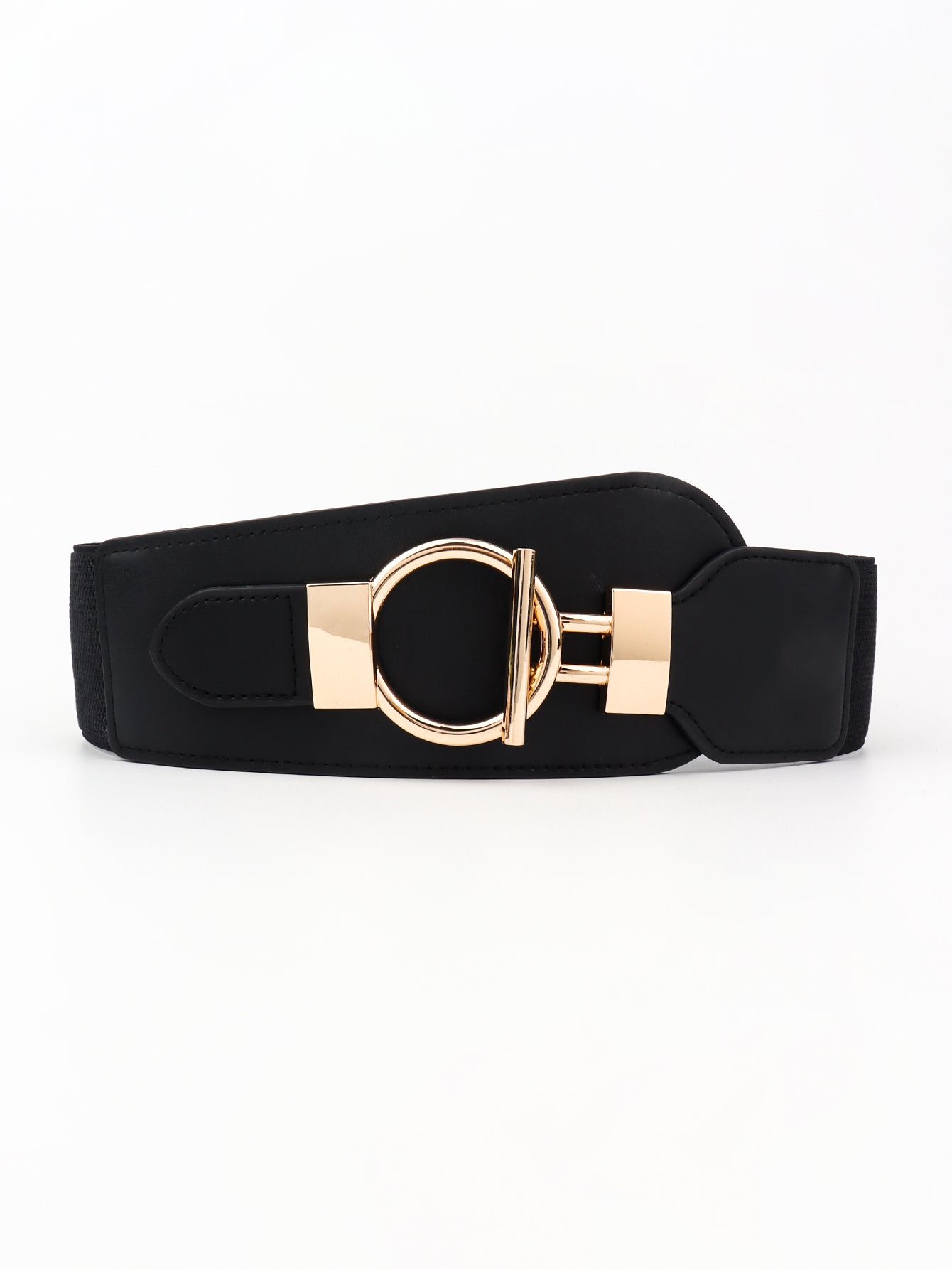 PU Elastic Wide Belt with Alloy Buckle Black One Size