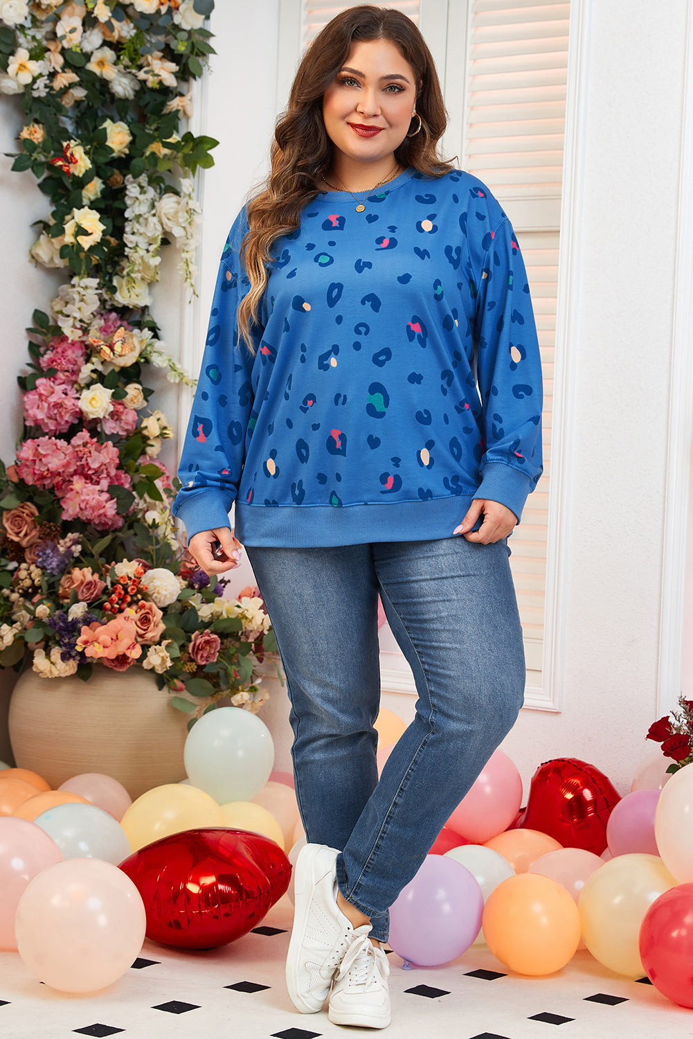 Sky Blue Plus Size Leopard Ribbed Edge Drop Shoulder Pullover Sweatshirt