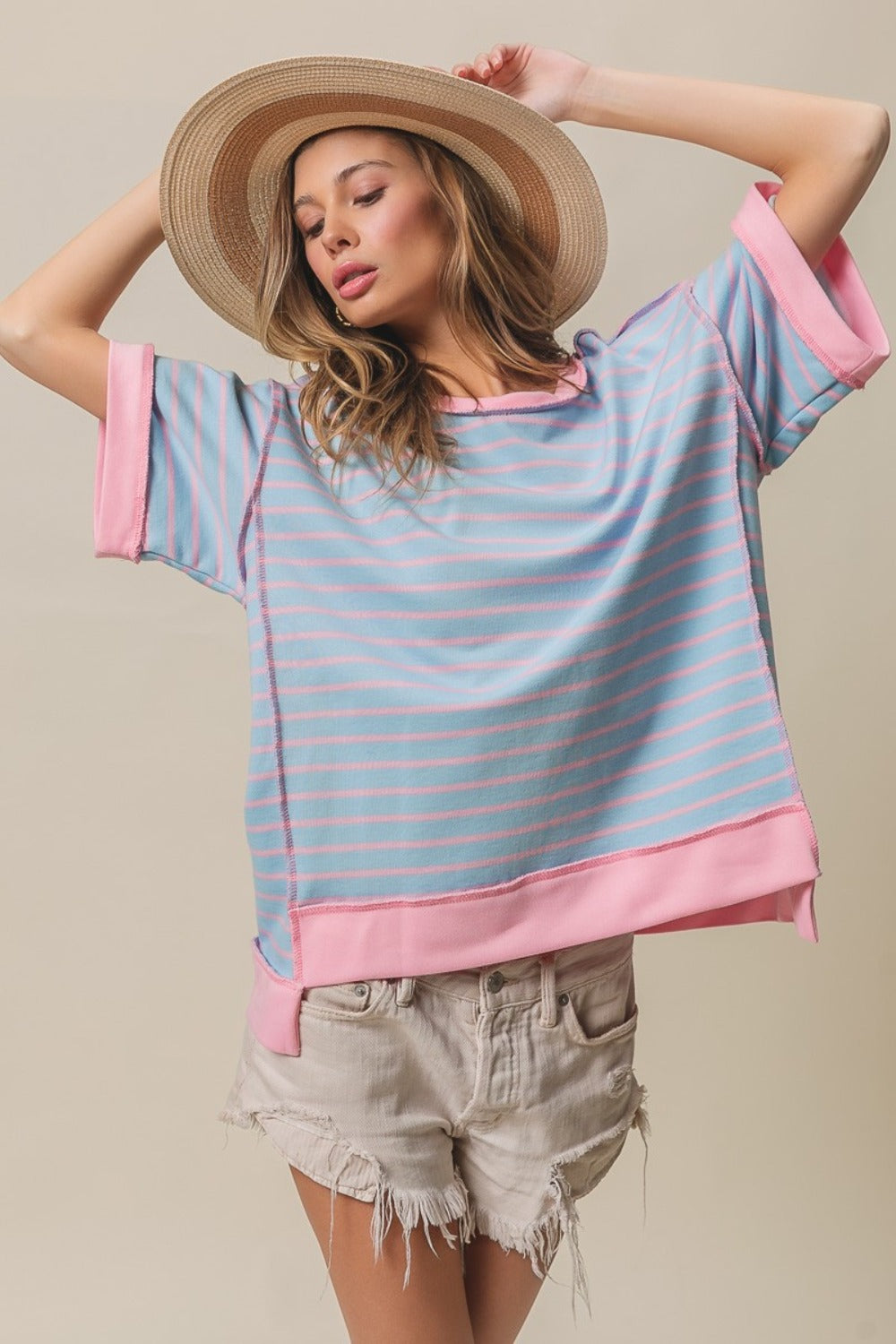 BiBi Exposed Seam Stripe Contrast T-Shirt Lt Blue Blush