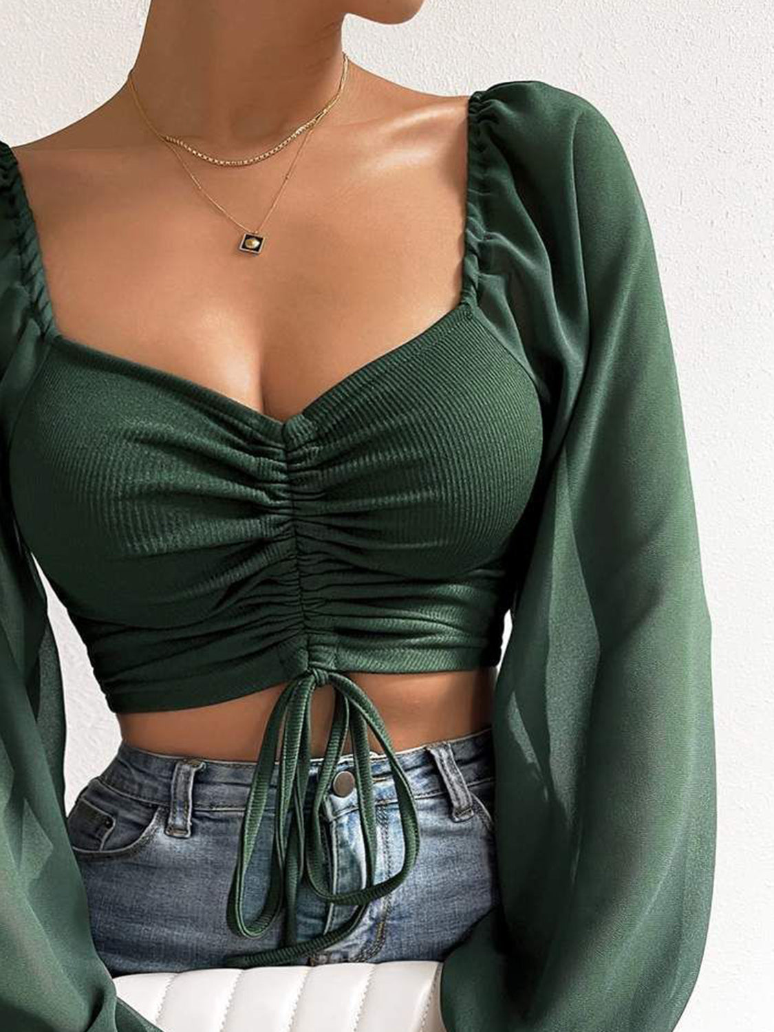 Drawstring Sweetheart Neck Cropped Top - Thandynie