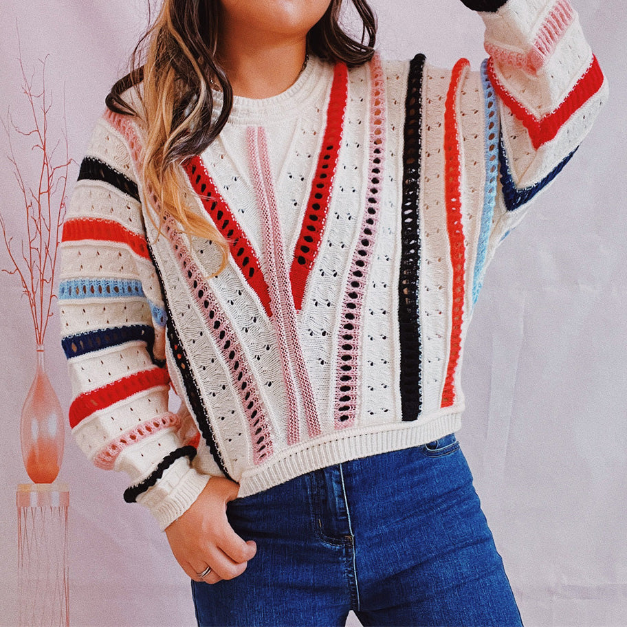 Striped Openwork Round Neck Sweater