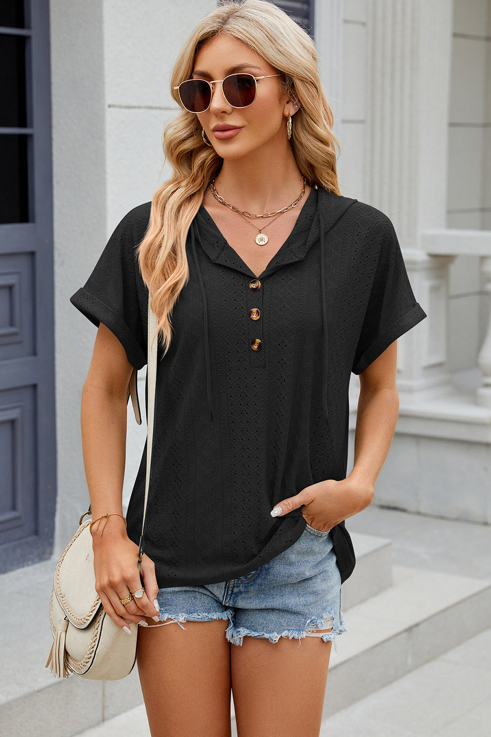 Eyelet Drawstring Hooded Short Sleeve Blouse Black