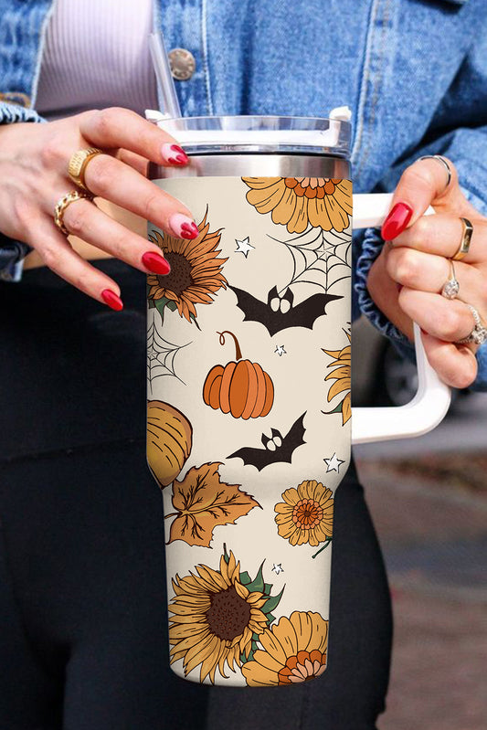 White Halloween Pattern Print Handled Stainless Steel Vacuum Cup 40oz Snow White ONE SIZE 100%Alloy