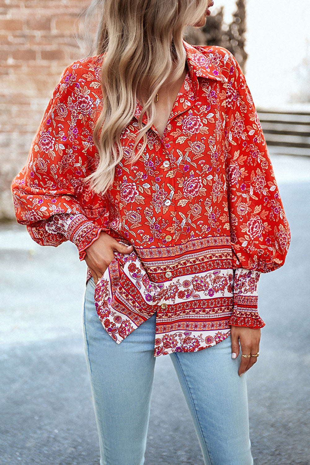 Printed Collared Neck Smocked Lantern Sleeve Shirt