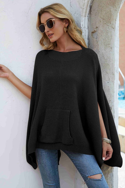 Waffle-Knit Cloak Sleeve Pocket Sweater Black