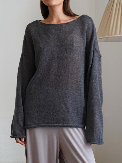 Boat Neck Long Sleeve Knit Cover Up Dark Gray