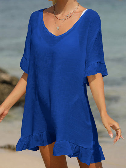 Tied Ruffled Half Sleeve Cover-Up Royal Blue One Size