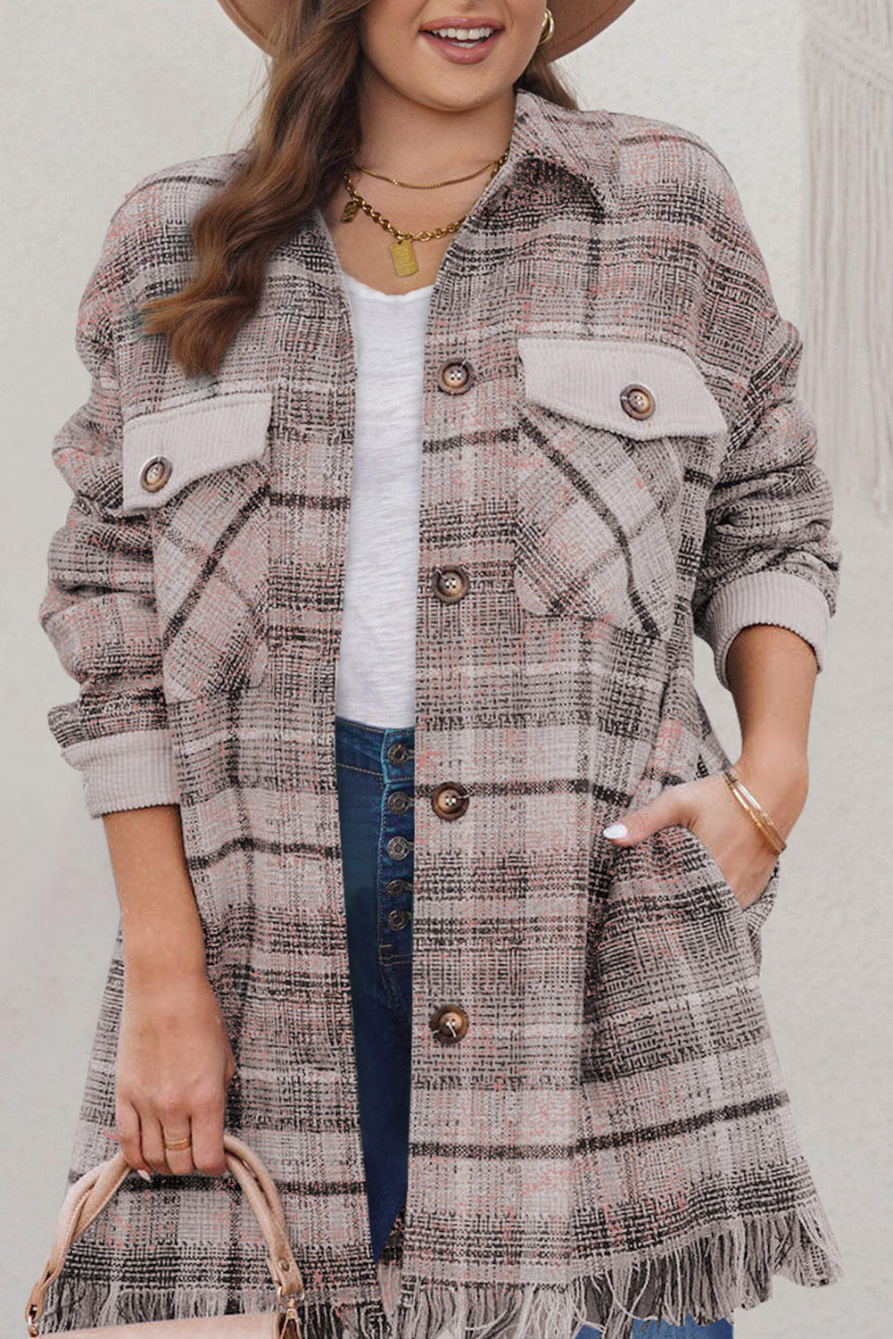 Pink Plus Size Macrame Plaid Coat