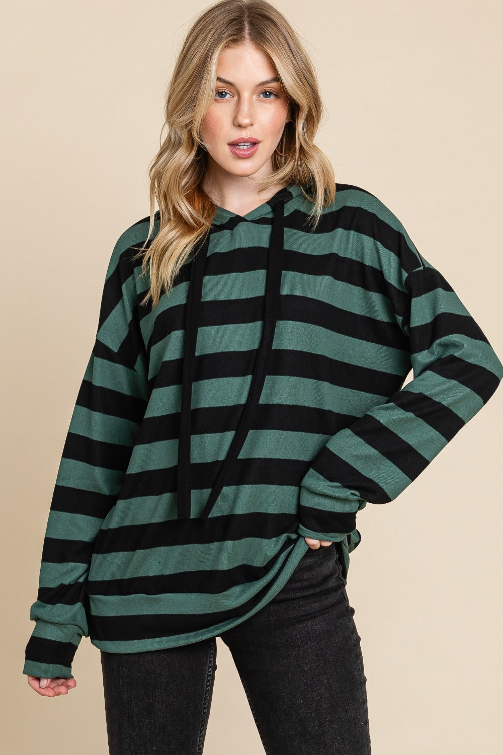 BOMBOM Drawstring Striped Dropped Shoulder Hoodie Forest Green Black