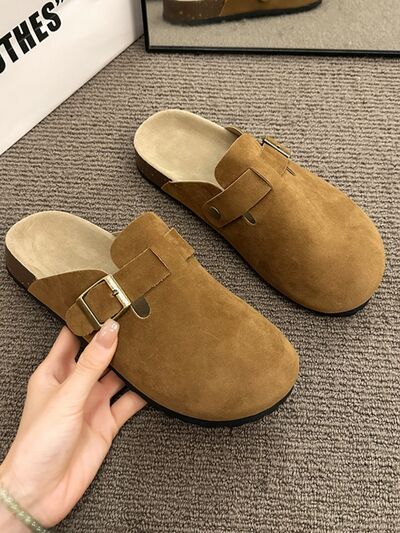 Round Toe Buckle Slip-Ons Brown