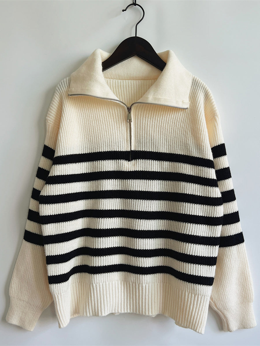 Striped Half Zip Collared Sweater White