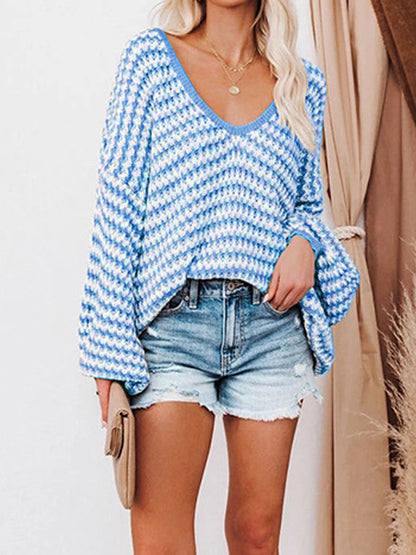 Striped Drop Shoulder V-Neck Sweater Sky Blue