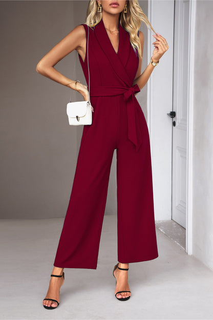 Tie Waist Shawl Collar Sleeveless Jumpsuit Burgundy