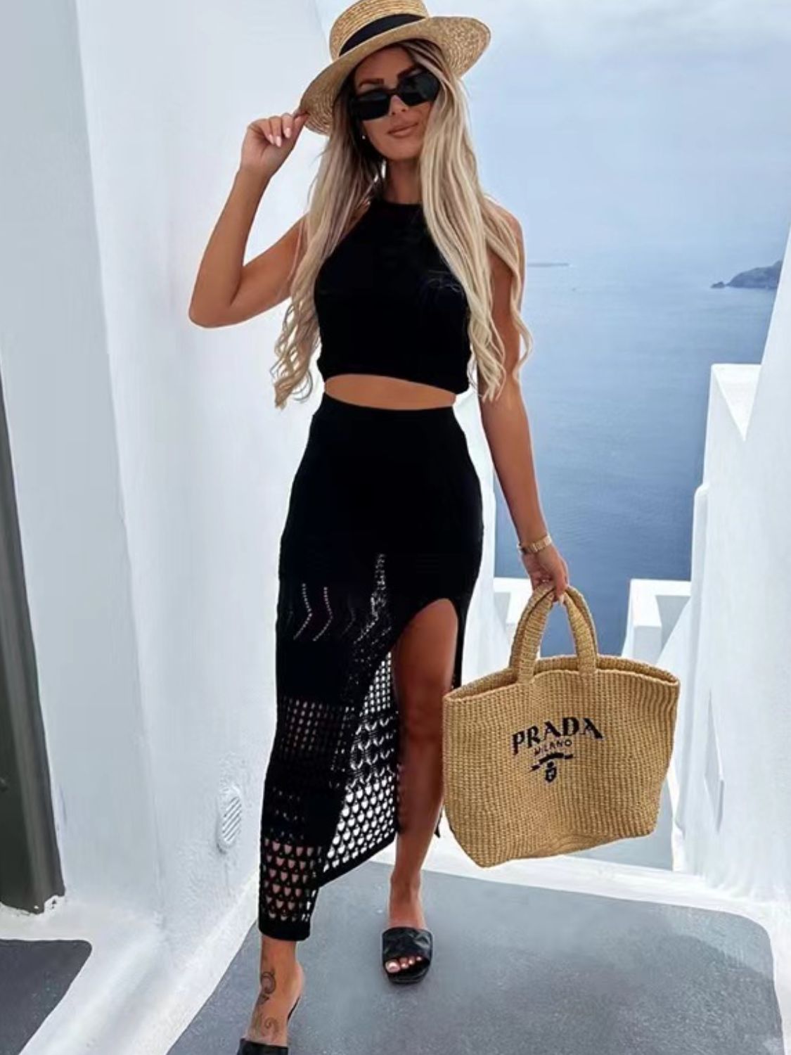Round Neck Top and Slit Skirt Cover Up Set - Thandynie