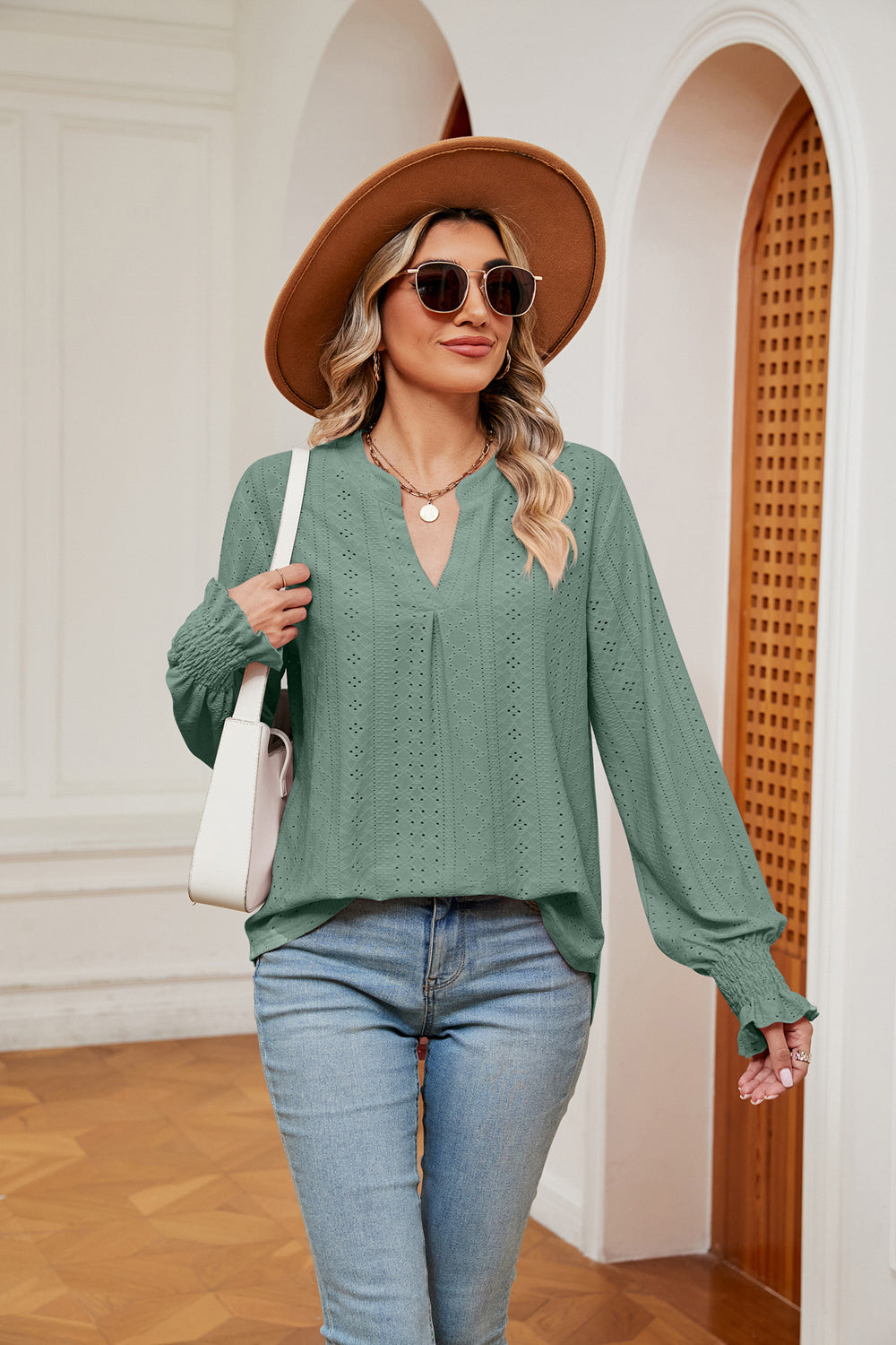 Notched Neck Flounce Sleeve Blouse Gum Leaf