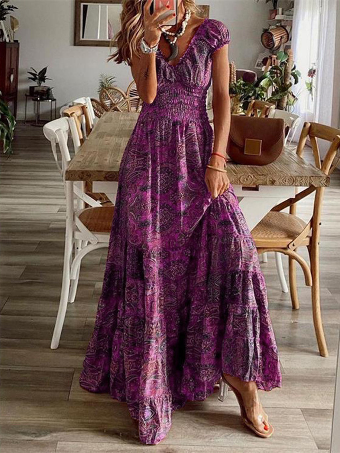 Full Size Smocked Printed V-Neck Short Sleeve Dress Deep Purple