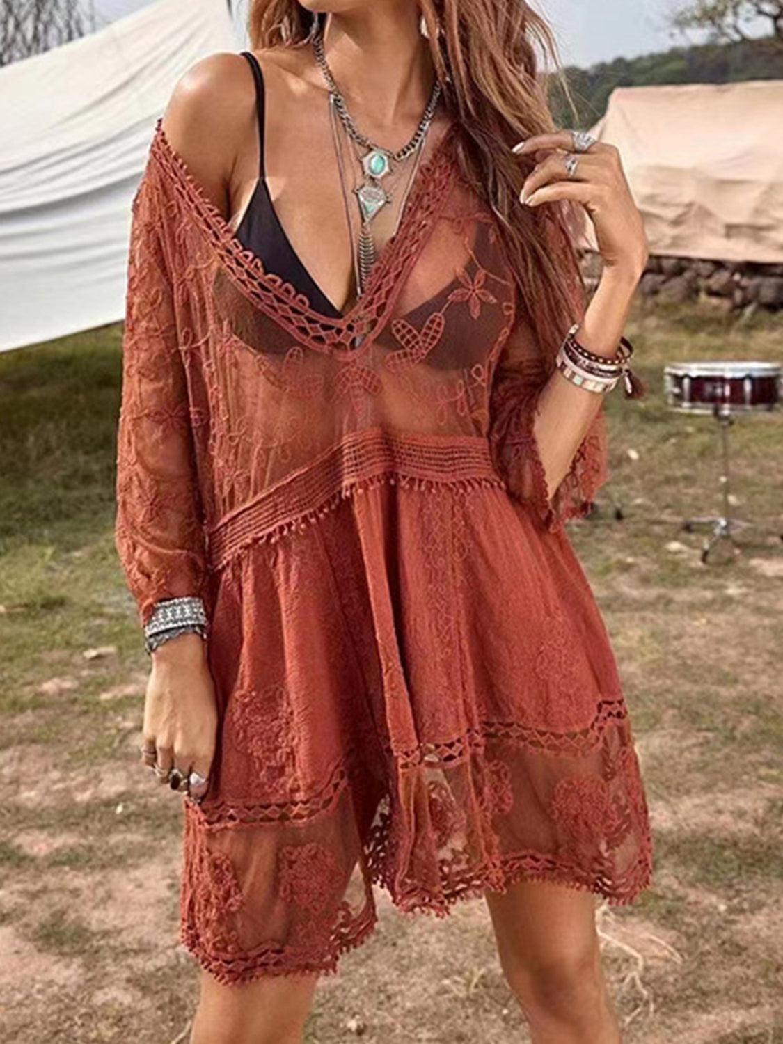 Lace Detail Plunge Cover-Up Dress Rust One Size